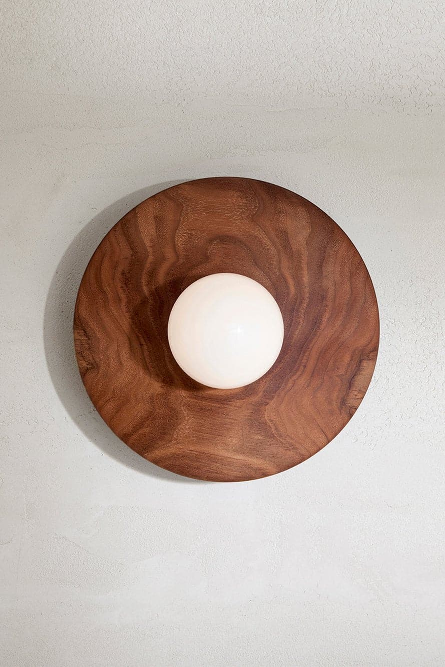Marz Designs Bright Beads Disc Wall Light in Walnut/White Satin front on.