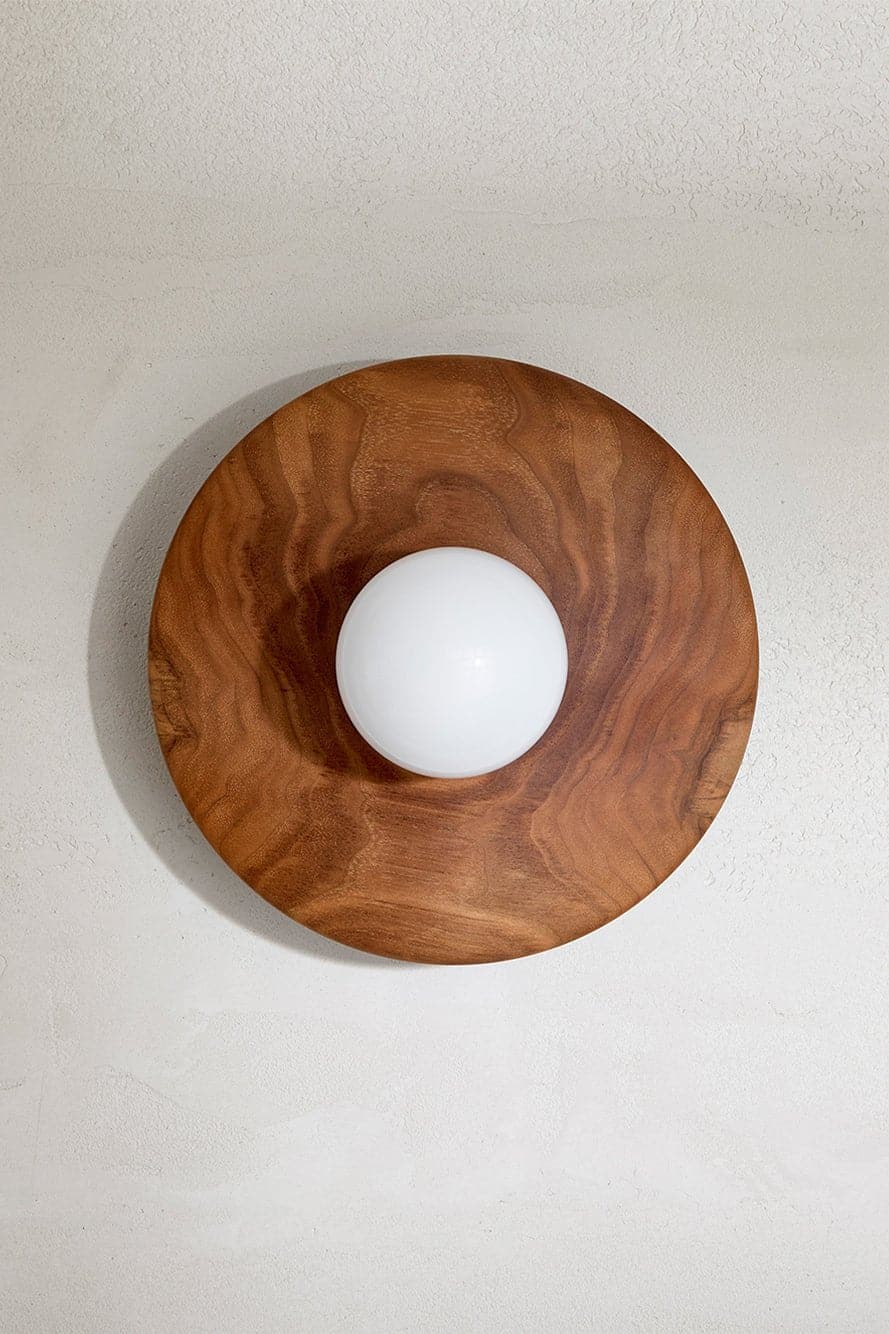 Marz Designs Bright Beads Disc Wall Light in Walnut/Brushed Black front on.